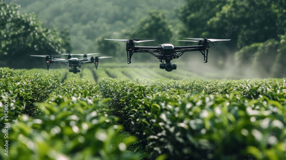 A drone hovers above a well-maintained crop field, showcasing modern agricultural techniques and technology. A drone hovers above a well-maintained crop field, showcasing modern agricultural techniques and technology.