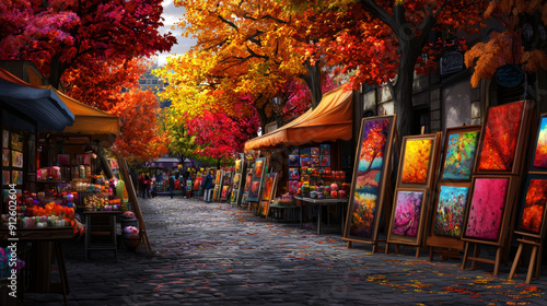 A street with a lot of paintings on display. The paintings are of different colors and sizes. The street is lined with trees and has a lot of people walking around. Scene is lively and colorful photo