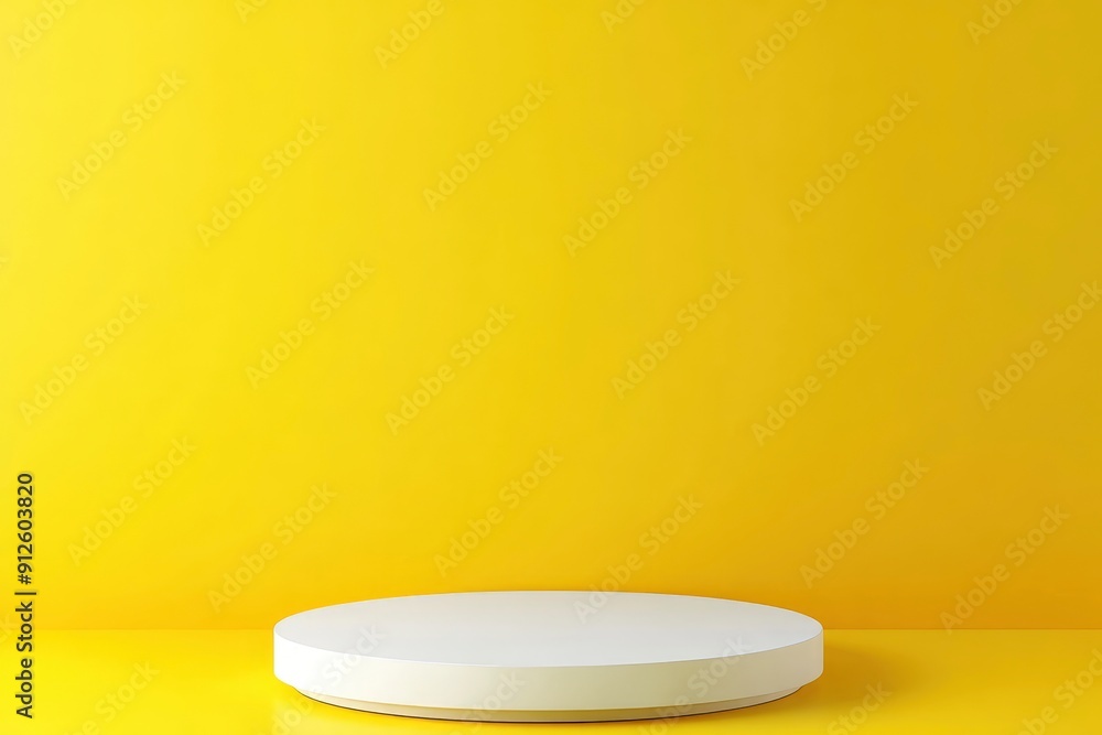 White podium shelf or empty pedestal display on vivid yellow summer background with minimal style. Blank stand for showing product. 3D rendering, ai White podium shelf or empty pedestal display on vivid yellow summer background with minimal style. Blank stand for showing product. 3D rendering, ai