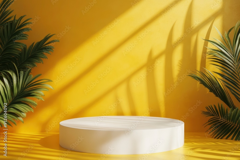 White podium shelf or empty pedestal display on vivid yellow summer background with minimal style. Blank stand for showing product. 3D rendering, ai White podium shelf or empty pedestal display on vivid yellow summer background with minimal style. Blank stand for showing product. 3D rendering, ai