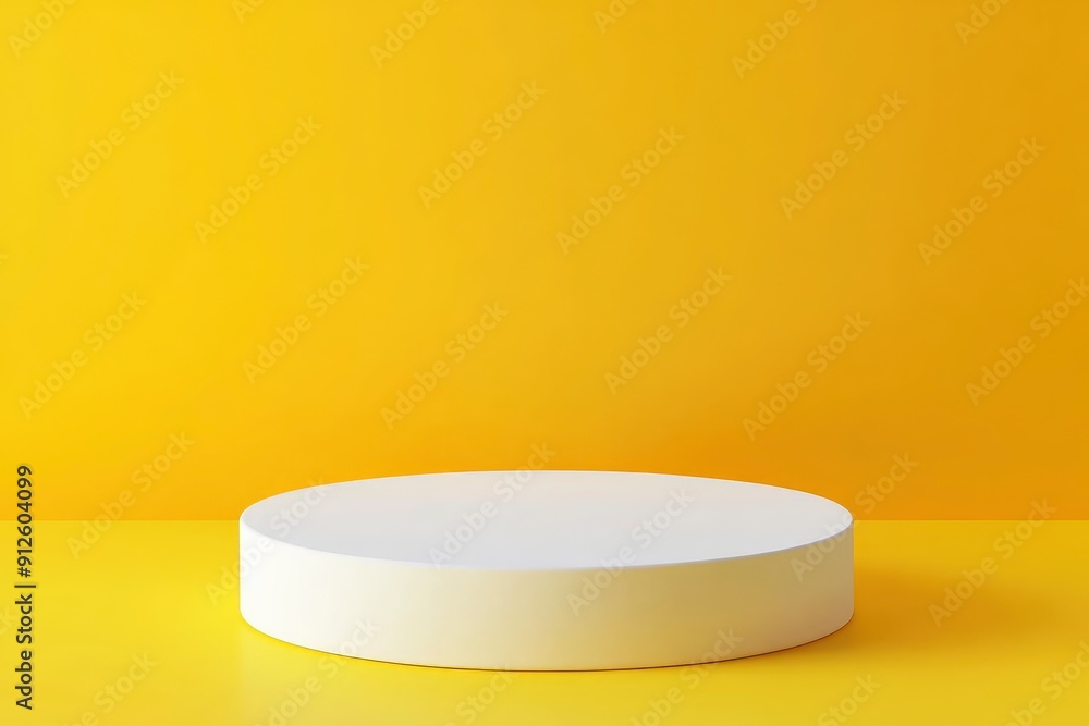 White podium shelf or empty pedestal display on vivid yellow summer background with minimal style. Blank stand for showing product. 3D rendering, ai White podium shelf or empty pedestal display on vivid yellow summer background with minimal style. Blank stand for showing product. 3D rendering, ai