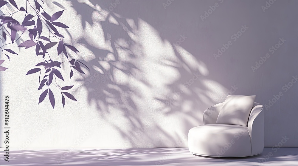 Minimalist wall interior with white and purple tones, featuring natural leaf shadows for a serene look. Minimalist wall interior with white and purple tones, featuring natural leaf shadows for a serene look.