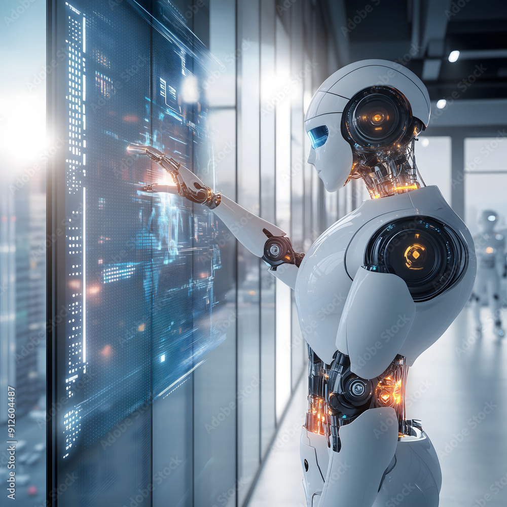 A modern robot is working on a wall with a futuristic holographic screen. A modern robot is working on a wall with a futuristic holographic screen.