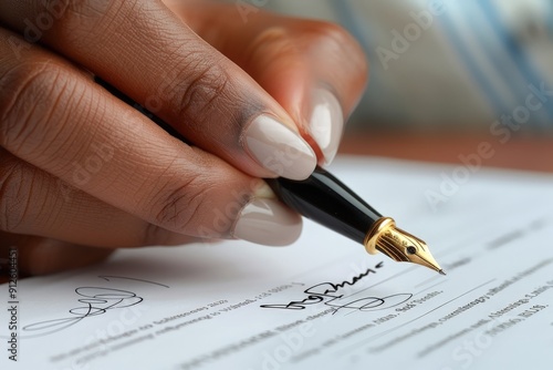 A close-up of a business professional signing a document