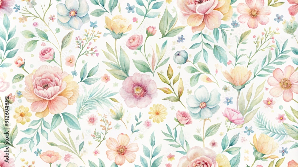 Fototapeta Delicate watercolor flowers in soft pastel hues against a clean white background create a charming, repeating pattern perfect for fabrics, home decor, and gift wrapping.