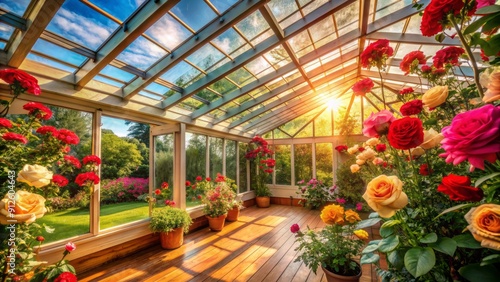 Warm sunlight pours through the conservatory's glass roof, illuminating vibrant blooming roses in a lush arrangement, set against a background of rich wooden flooring.