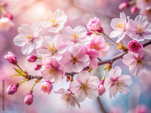 Delicate pink cherry blossoms bloom on a branch against a transparent background, showcasing the tree's beauty and subtle texture in stunning high-contrast detail.