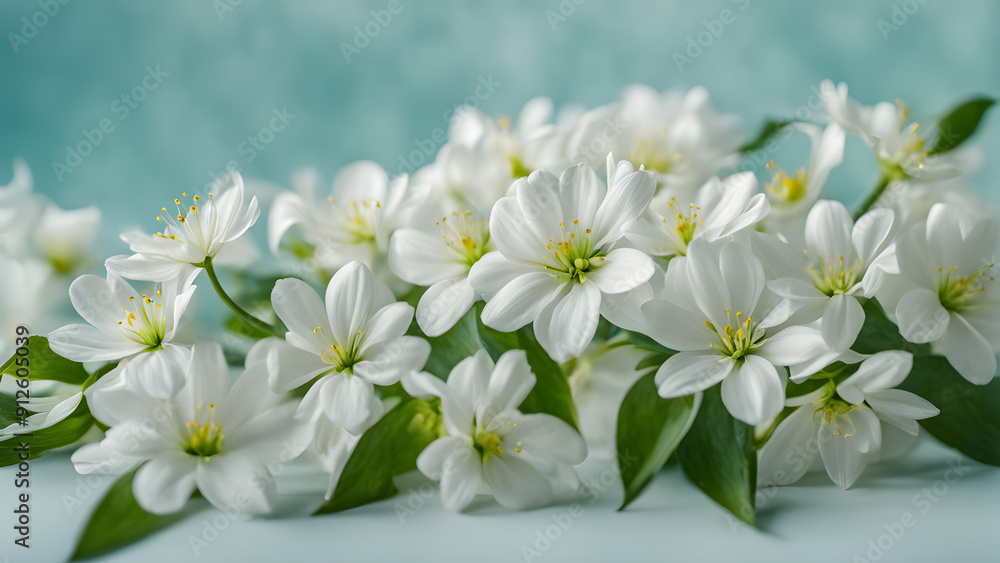 A bouquet of white flowers with green leaves A bouquet of white flowers with green leaves