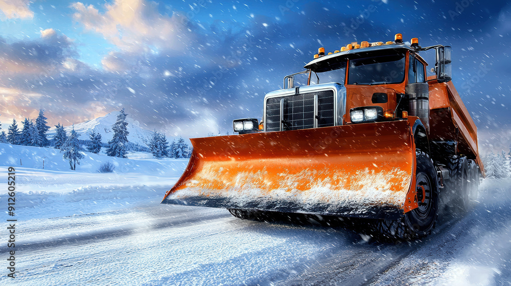 A large orange truck with a plow on the front is driving down a snowy road. The scene is set in a winter landscape with snow-covered trees and mountains in the background A large orange truck with a plow on the front is driving down a snowy road. The scene is set in a winter landscape with snow-covered trees and mountains in the background