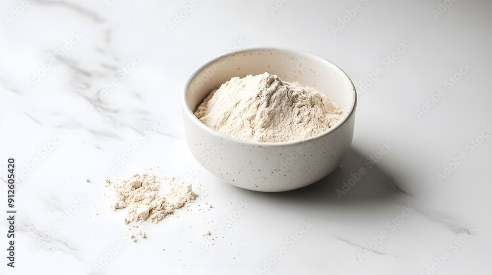 A small white ceramic bowl filled with light beige powder on a white marble countertop, some powder scattered beside the bowl, minimalist composition, soft natural lighting. A small white ceramic bowl filled with light beige powder on a white marble countertop, some powder scattered beside the bowl, minimalist composition, soft natural lighting.