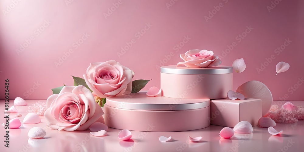 Elegant pink product display on sleek podium, surrounded by delicate rose petals, against a soft solid background, exuding luxury and sophistication for beauty and spa gifts. Elegant pink product display on sleek podium, surrounded by delicate rose petals, against a soft solid background, exuding luxury and sophistication for beauty and spa gifts.
