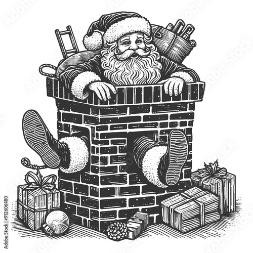 Santa Claus humorously stuck in chimney with his legs dangling out, playful scene sketch engraving generative ai fictional character vector illustration. Scratch board imitation. Black and white image