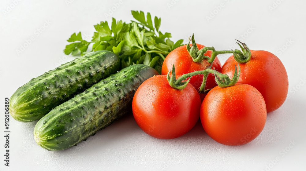 Tomatoes and cucumbers on a white background. Tomatoes and cucumbers on a white background.