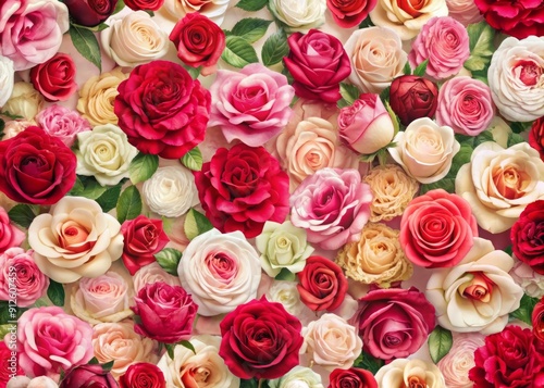 Vibrant red, pink, and white roses create a stunning floral pattern against a soft focus background, perfect for romantic wall decor or elegant wallpaper designs.