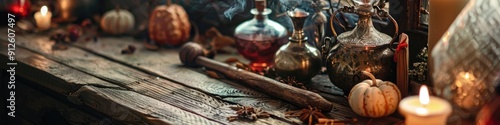 Close up of magical items on a witch s home table photo