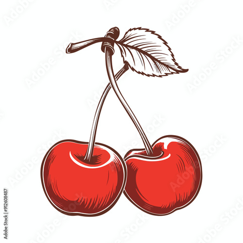 Line Art Vector of Two Cherries Connected by Stems with Leaf