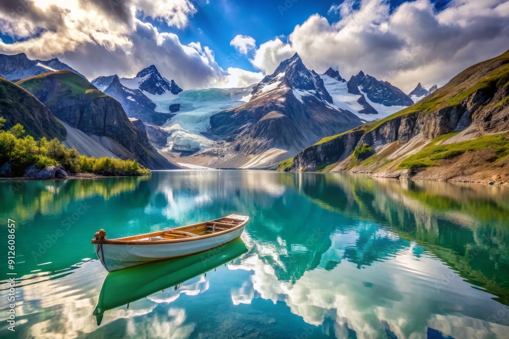 Serenene turquoise lake reflects majestic glacier's icy peaks as a small blue wooden boat gently floats on the calm water's glassy surface. Serenene turquoise lake reflects majestic glacier's icy peaks as a small blue wooden boat gently floats on the calm water's glassy surface.