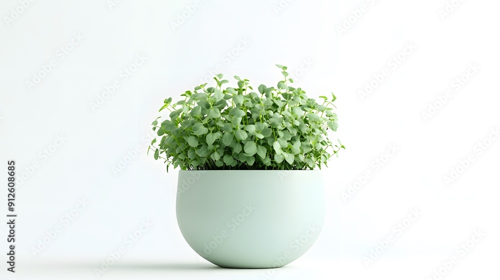 Lush green herb plant, round pale mint green ceramic pot, minimalist design, white background, soft diffused lighting, crisp focus, high detail, vibrant foliage, clean aesthetic. Lush green herb plant, round pale mint green ceramic pot, minimalist design, white background, soft diffused lighting, crisp focus, high detail, vibrant foliage, clean aesthetic.