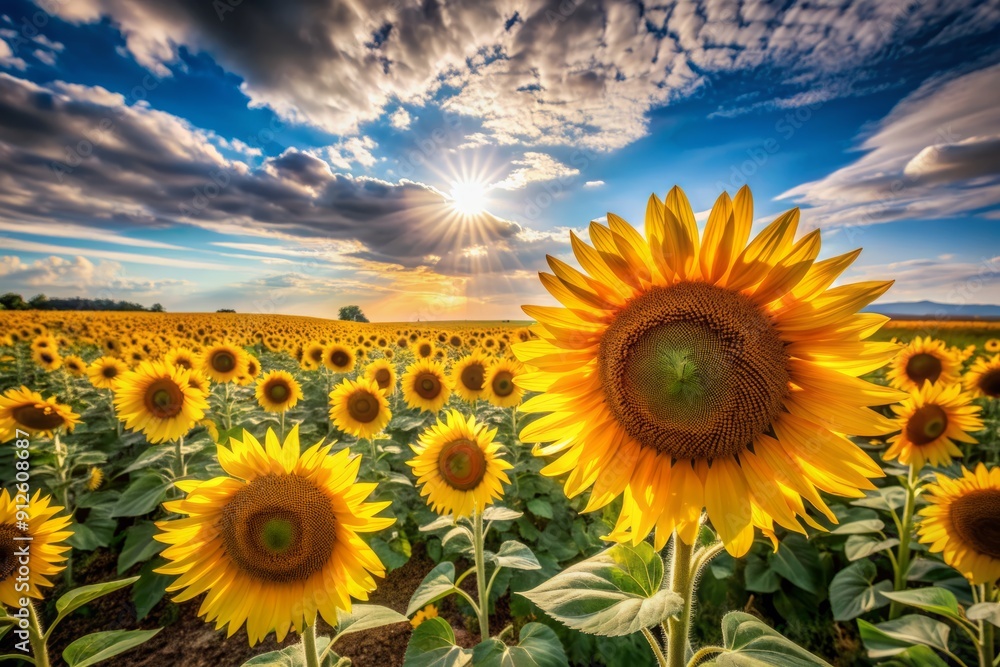 Obraz premium Vibrant yellow sunflowers stretch towards the sky in a seemingly endless field, their bright petals and tall stature creating a stunning natural landscape.