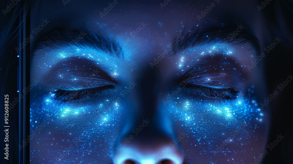 A woman's face with blue eyes and purple hair A woman's face with blue eyes and purple hair