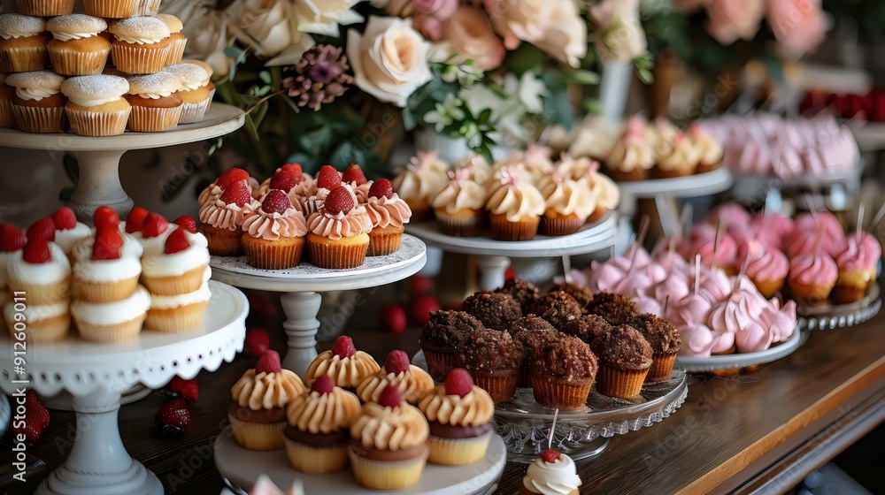 A table full of cupcakes with different flavors and toppings A table full of cupcakes with different flavors and toppings