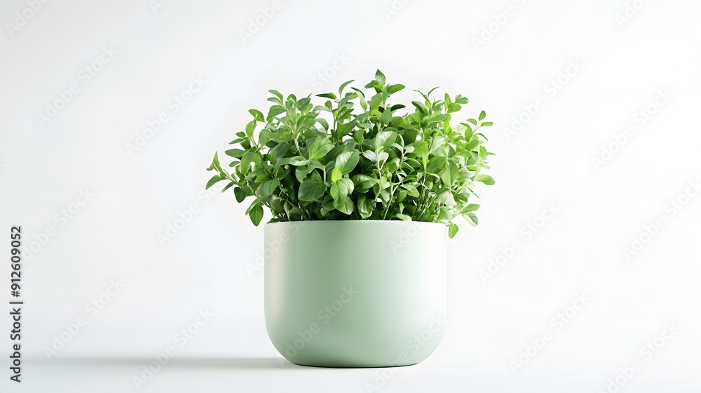 Lush green herb plant, round pale mint green ceramic pot, minimalist design, white background, soft diffused lighting, crisp focus, high detail, vibrant foliage, clean aesthetic. Lush green herb plant, round pale mint green ceramic pot, minimalist design, white background, soft diffused lighting, crisp focus, high detail, vibrant foliage, clean aesthetic.