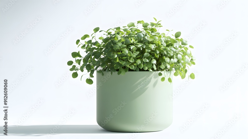 Lush green herb plant, round pale mint green ceramic pot, minimalist design, white background, soft diffused lighting, crisp focus, high detail, vibrant foliage, clean aesthetic. Lush green herb plant, round pale mint green ceramic pot, minimalist design, white background, soft diffused lighting, crisp focus, high detail, vibrant foliage, clean aesthetic.