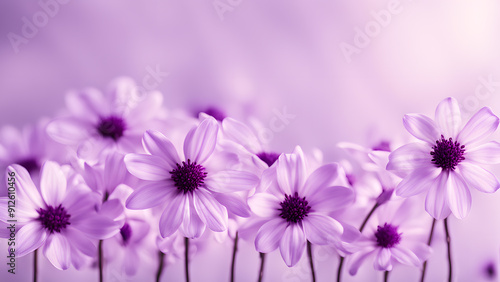 A bunch of purple flowers are arranged in a row