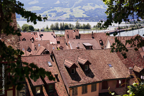 Tiled roofs of old town Rapperswil-Jona on Lake Zurich, Switzerland photo