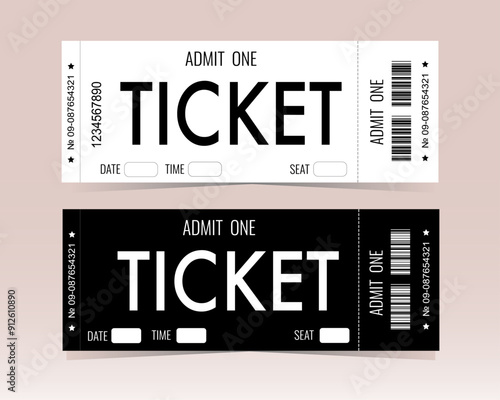 Tickets black and white, pass, admit one, event, concert, match, cinema, theatre, concert, admission, vector