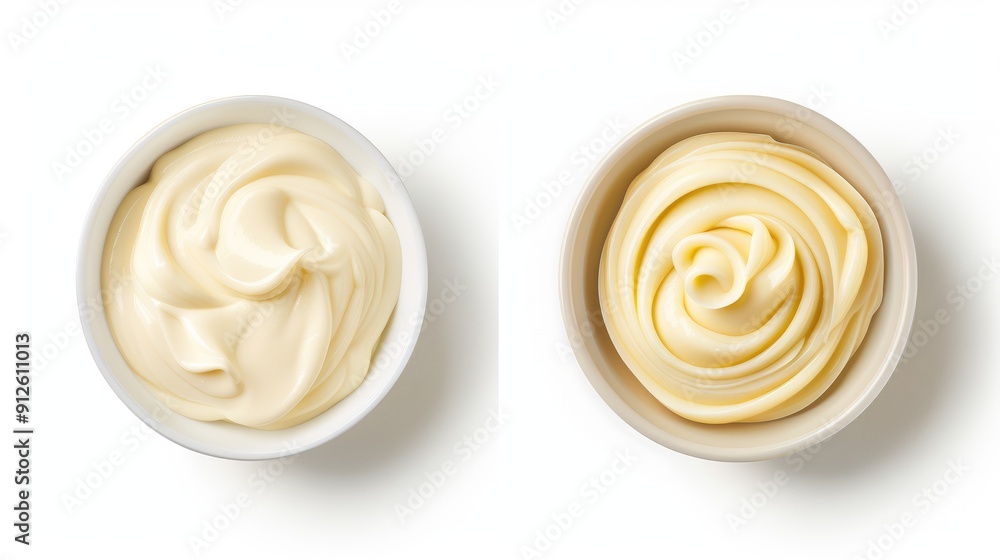 Two Bowls of Creamy Mayonnaise on White Background - Close-Up of Smooth and Whipped Texture Two Bowls of Creamy Mayonnaise on White Background - Close-Up of Smooth and Whipped Texture