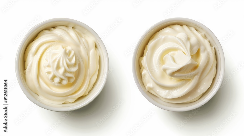 Two Bowls of Creamy Whipped Butter on White Background - Close-Up of Smooth and Fluffy Dairy Product Two Bowls of Creamy Whipped Butter on White Background - Close-Up of Smooth and Fluffy Dairy Product