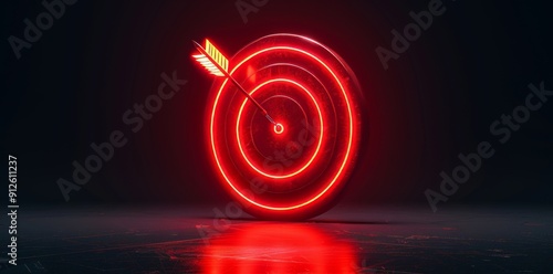 red arrow hits the center of the target glowing with neon red light on a dark background, symbolizes success in business, copy space, place for text