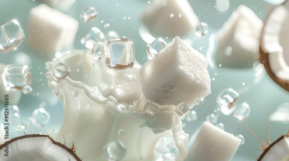 Fresh Coconut Milk Splash with Ice Cubes and Coconut Pieces on Light Blue Background Fresh Coconut Milk Splash with Ice Cubes and Coconut Pieces on Light Blue Background