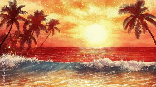 Serene Tropical Sunset with Palms and Ocean Waves