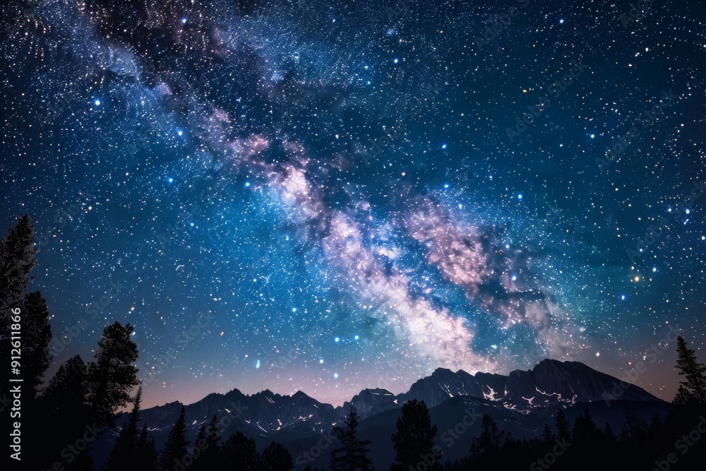 Naklejka premium Celestial panorama of a star-studded night sky, where the Milky Way arcs majestically over a tranquil landscape of silhouetted mountains and whispering pines, glittering night, celestial arcs