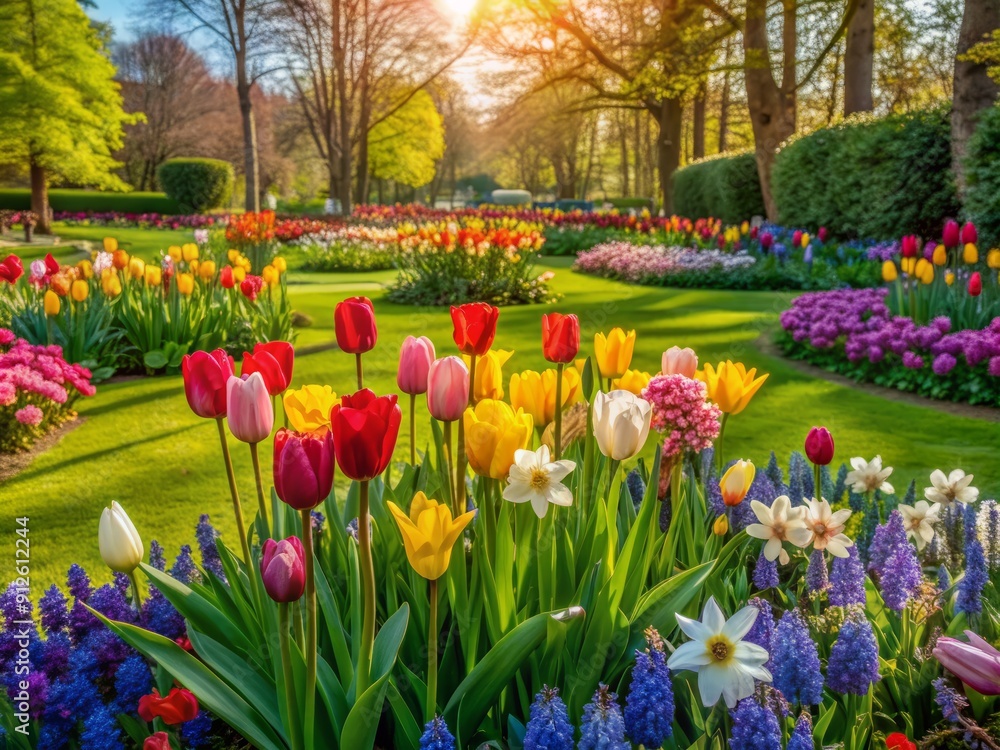 Vibrant spring garden with lush green lawn showcasing a kaleidoscope of blooming flowers, including tulips, daffodils, and hyacinths, in a colorful mixborder arrangement. Vibrant spring garden with lush green lawn showcasing a kaleidoscope of blooming flowers, including tulips, daffodils, and hyacinths, in a colorful mixborder arrangement.