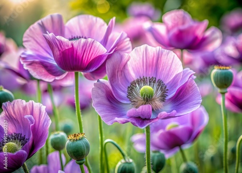 Vibrant large lilac poppy flowers bloom in abundance, delicate petals unfolding from intricate centers, against a soft blurred background with ample copyspace.