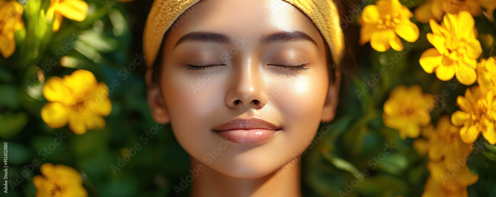A woman is laying in a field of yellow flowers. She is smiling and looking at the camera A woman is laying in a field of yellow flowers. She is smiling and looking at the camera