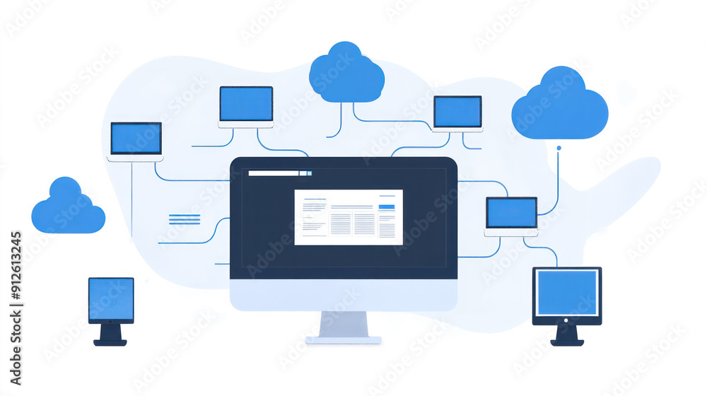 A computer monitor displays a network of computers and servers. Concept of a complex and interconnected system, with each computer and server represented by a small screen. The blue color scheme A computer monitor displays a network of computers and servers. Concept of a complex and interconnected system, with each computer and server represented by a small screen. The blue color scheme