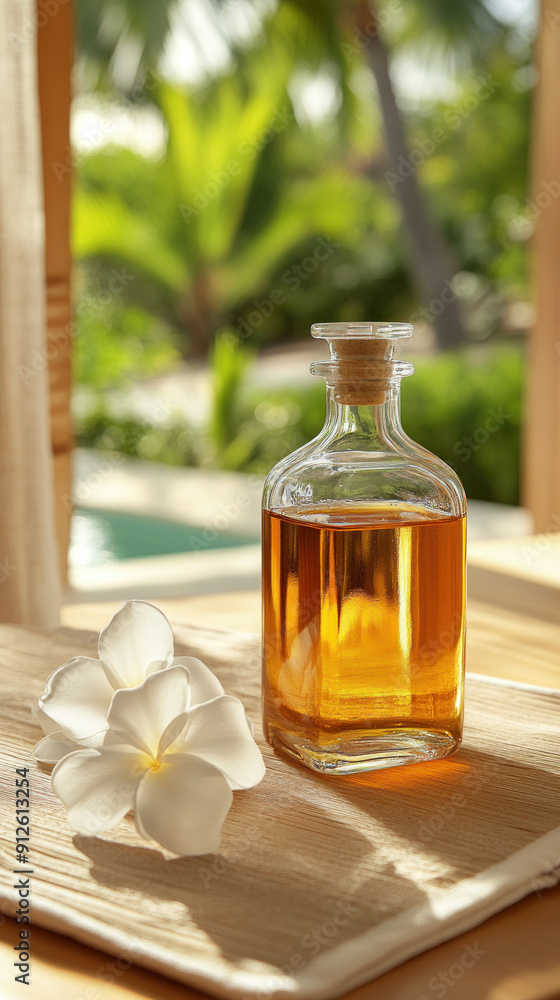A bottle of oil is on a table next to a white flower. The bottle is clear and has a cork stopper. The scene is set in a room with a view of a pool A bottle of oil is on a table next to a white flower. The bottle is clear and has a cork stopper. The scene is set in a room with a view of a pool