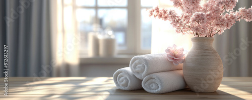 A vase with a flower and three white towels on a wooden table. The towels are folded and arranged neatly. Concept of calm and relaxation, as the towels