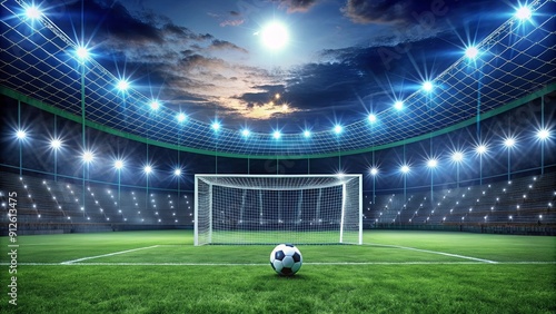 Soccer field illuminated by night lights, with goal and ball in stadium , soccer, field, night, lights, goal, ball, stadium