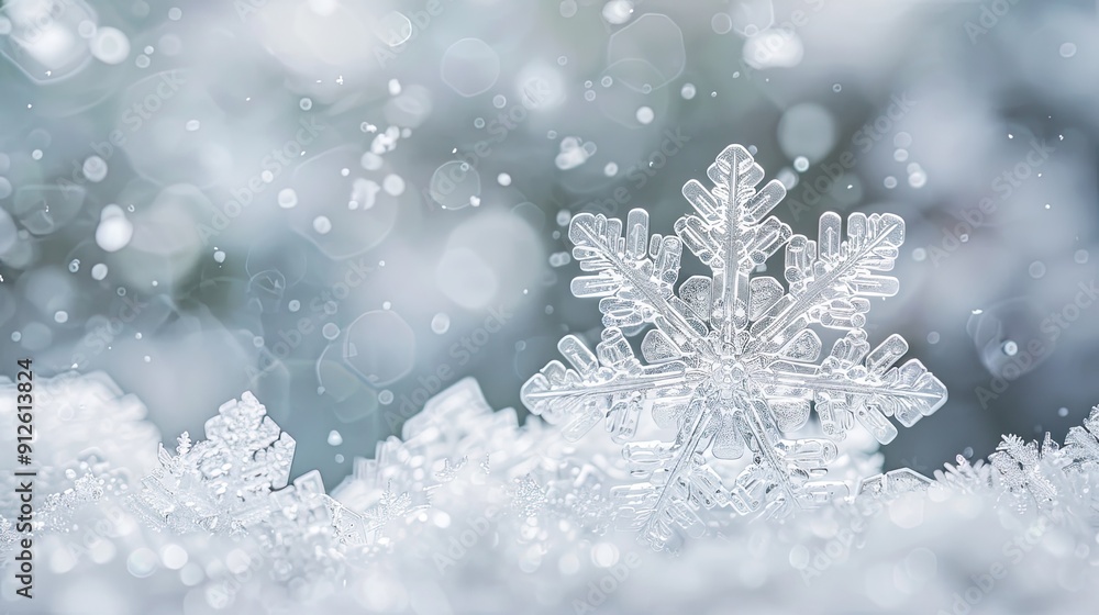 snowflake closeup, the snowflake covers only the top two thirds of the picture, blurry background, photorealistic snowflake closeup, the snowflake covers only the top two thirds of the picture, blurry background, photorealistic