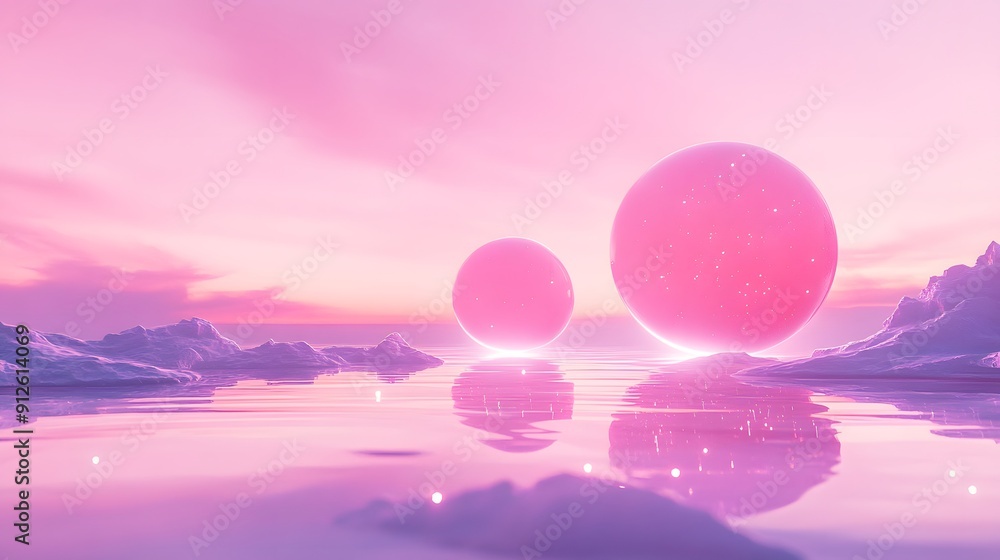 Soft pink neon circles floating above a reflective surface, ethereal pastel pink background, gentle pink glow, abstract geometric design, futuristic landscape, subtle light flares, dreamy. Soft pink neon circles floating above a reflective surface, ethereal pastel pink background, gentle pink glow, abstract geometric design, futuristic landscape, subtle light flares, dreamy.