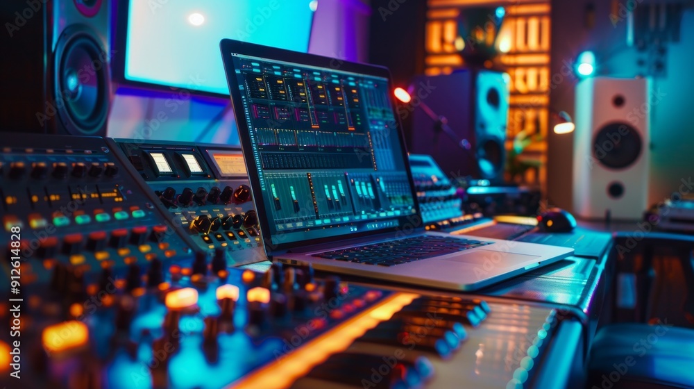 Image shows a music studio with a desk, laptop, speakers, and professional music controls. Designed for sound control and production in a sophisticated atmosphere. Image shows a music studio with a desk, laptop, speakers, and professional music controls. Designed for sound control and production in a sophisticated atmosphere.