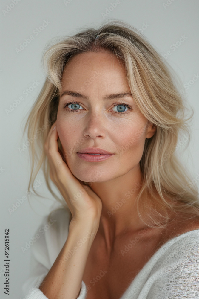 The serene portrait of a beautiful blonde woman in soft lighting, resting her head on her hand, looking into the camera, elegance and tranquility concept The serene portrait of a beautiful blonde woman in soft lighting, resting her head on her hand, looking into the camera, elegance and tranquility concept