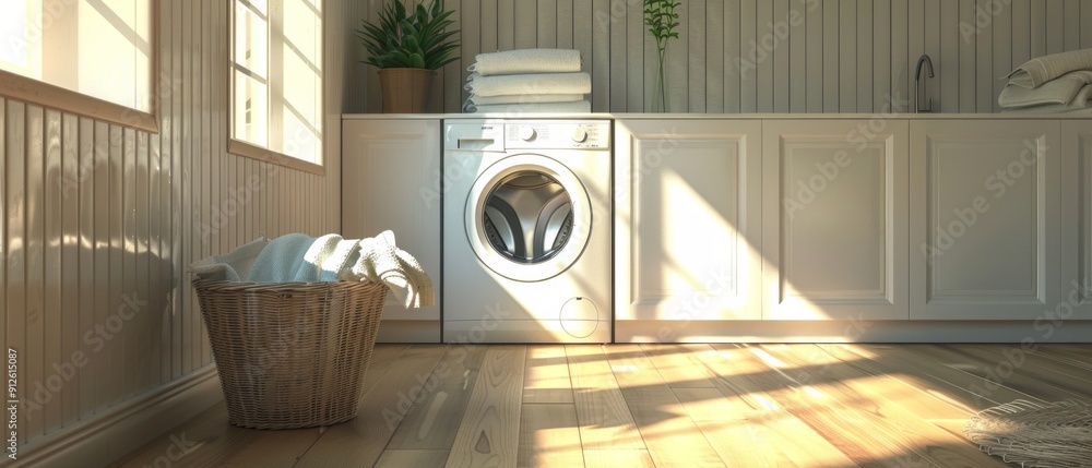 A sunny laundry room with white walls, brown floors, plants, and a white washer with towels. Natural light creates a warm, inviting ambiance. A sunny laundry room with white walls, brown floors, plants, and a white washer with towels. Natural light creates a warm, inviting ambiance.