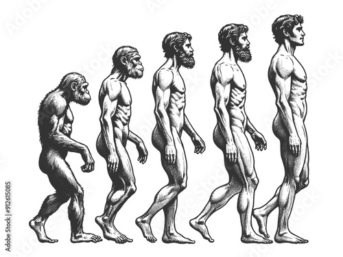 evolution of man from ape through various stages to modern human sketch engraving generative ai fictional character vector illustration. Scratch board imitation. Black and white image.