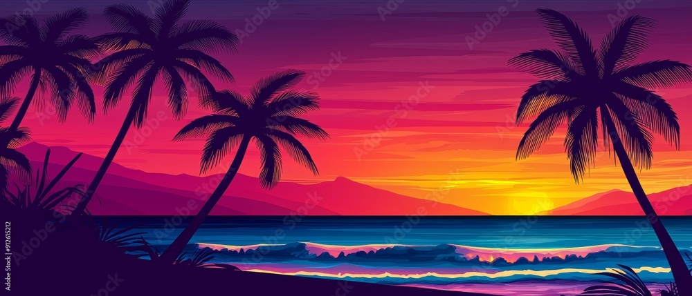 Naklejka premium A vibrant sunset over a tropical beach with silhouetted palm trees and waves, creating a serene and colorful atmosphere.